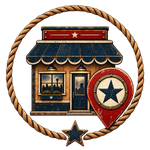 Google Business Profile service icon, storefront and map pin motif