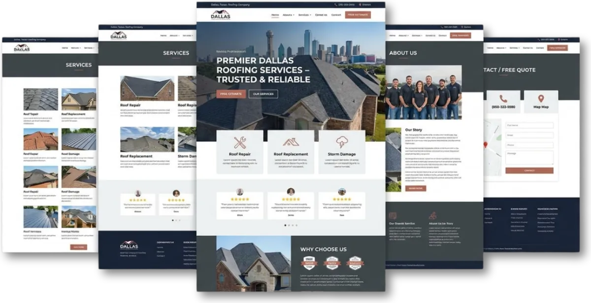 A five-page website for a Dallas roofing company, fanned out