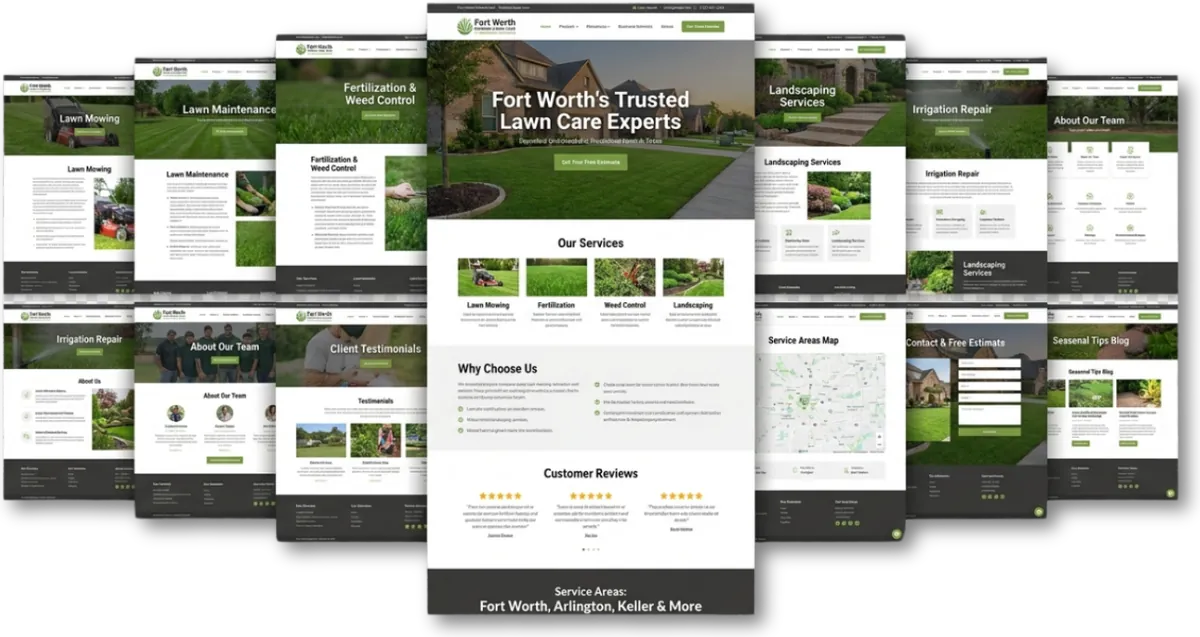 A large website for a Fort Worth lawn care company, fourteen pages fanned out