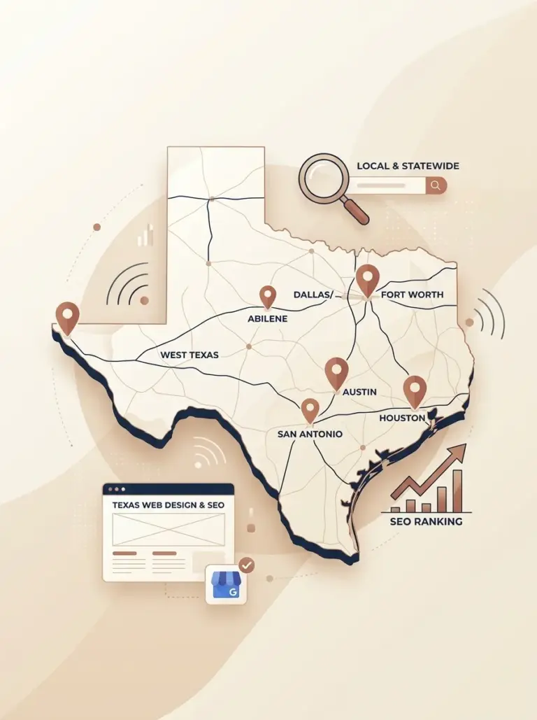 Map of Texas showing the cities where we provide web design and SEO services, from Dallas and Fort Worth to Abilene, Austin, Houston and San Antonio